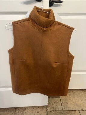 Ann Taylor Caramel Suede-Look Sleeveless Vest with Ribbed Turtleneck